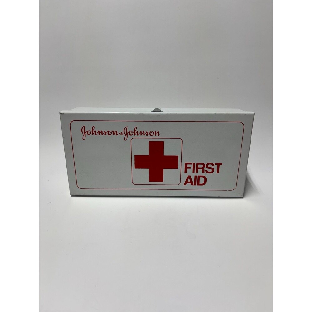 VINTAGE Johnson & Johnson Metal First Aid Kit Wall Mount Box , White & Red Empty
